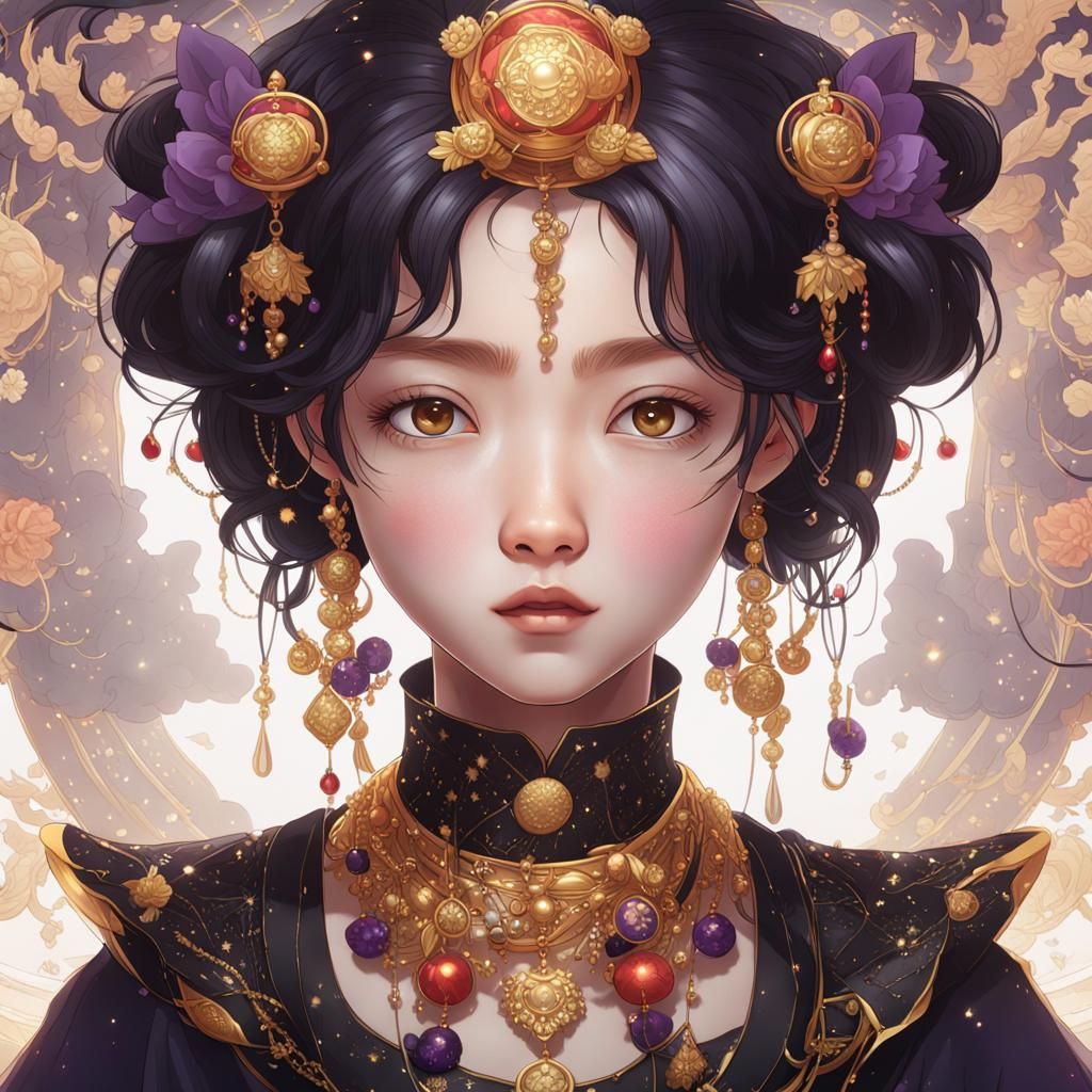 Cartoon Girl with Gold Jewelry, Comic Art Style