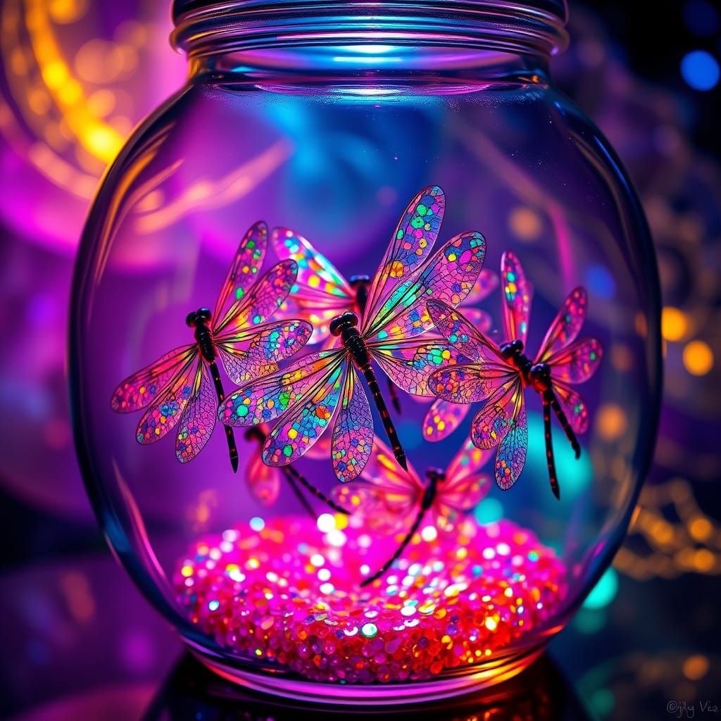 Iridescent Dragonflies in Glass Jar, with Ethereal Glow and ...