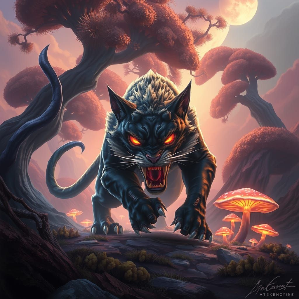 Majestic, Snarling Feline in Dreamlike Landscape