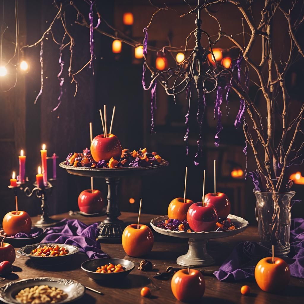 Candy Apples at Halloween Party in Cinematic Style