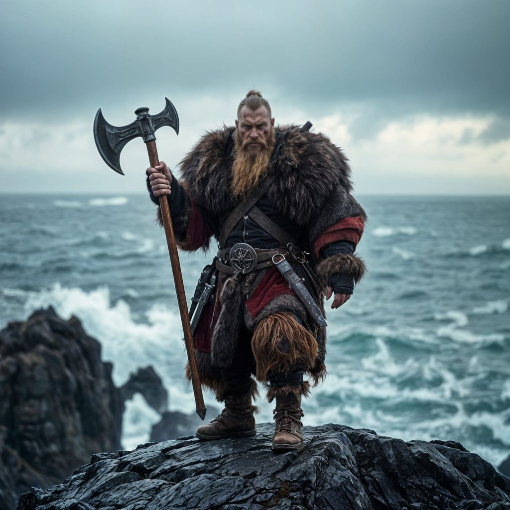 Viking Chieftain on Stormy Coast: Cinematic Film Still