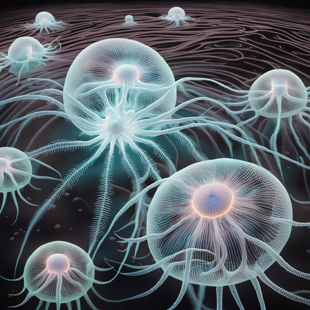 Biomorphic Surrealism: Luminous Jellyfish in Misty Darkness