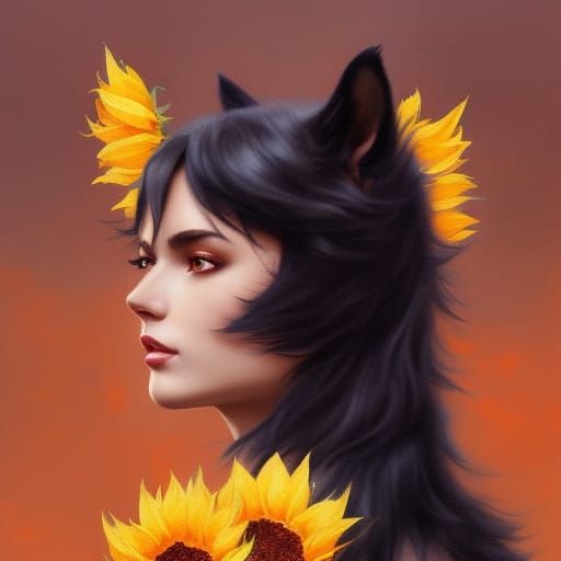 Sunflower Cat Portrait in Digital Art Style