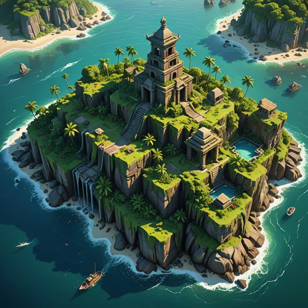 Lush Island Temple Ruins in Low Poly Style