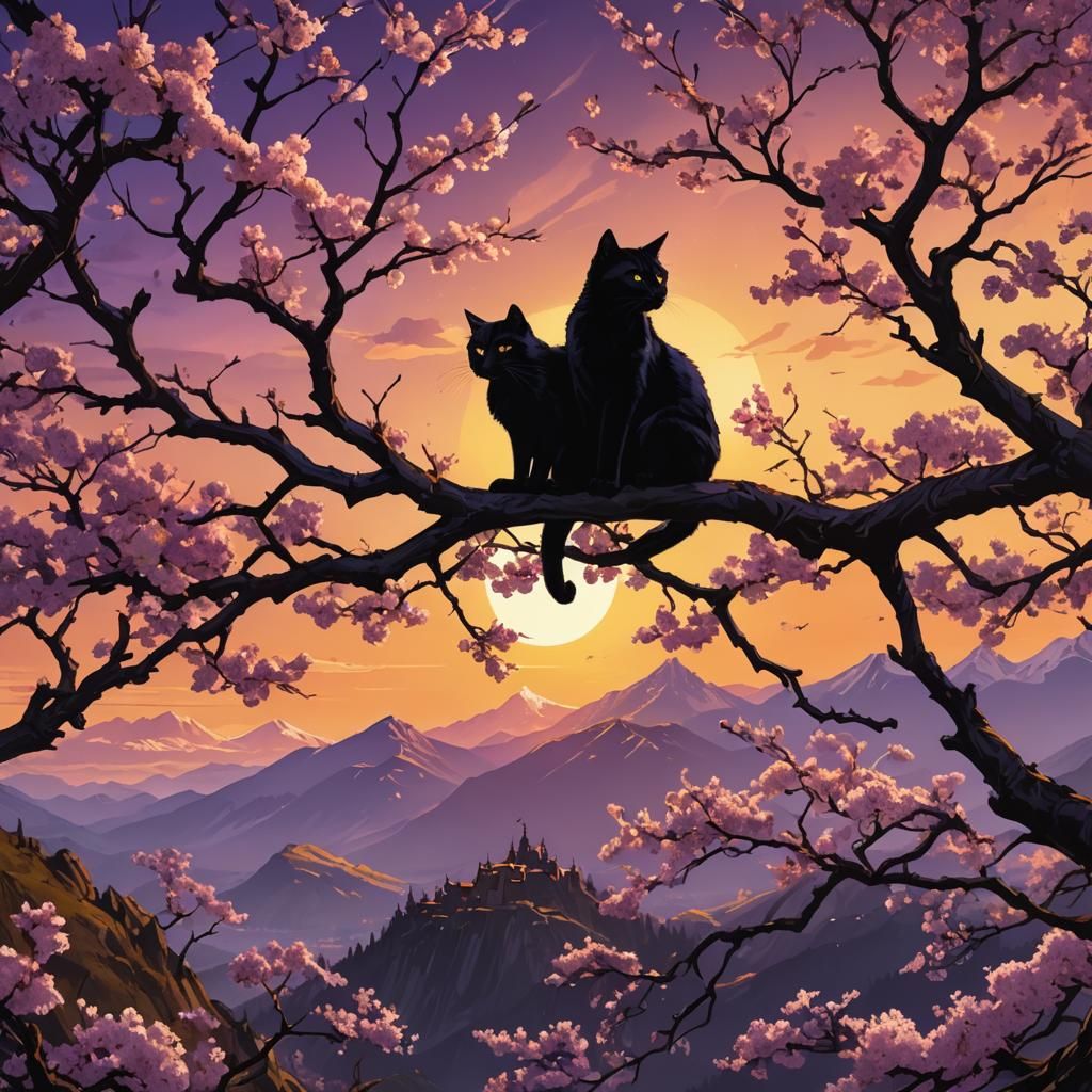 Black Cat Silhouette on Cherry Tree: Dark Fantasy Art