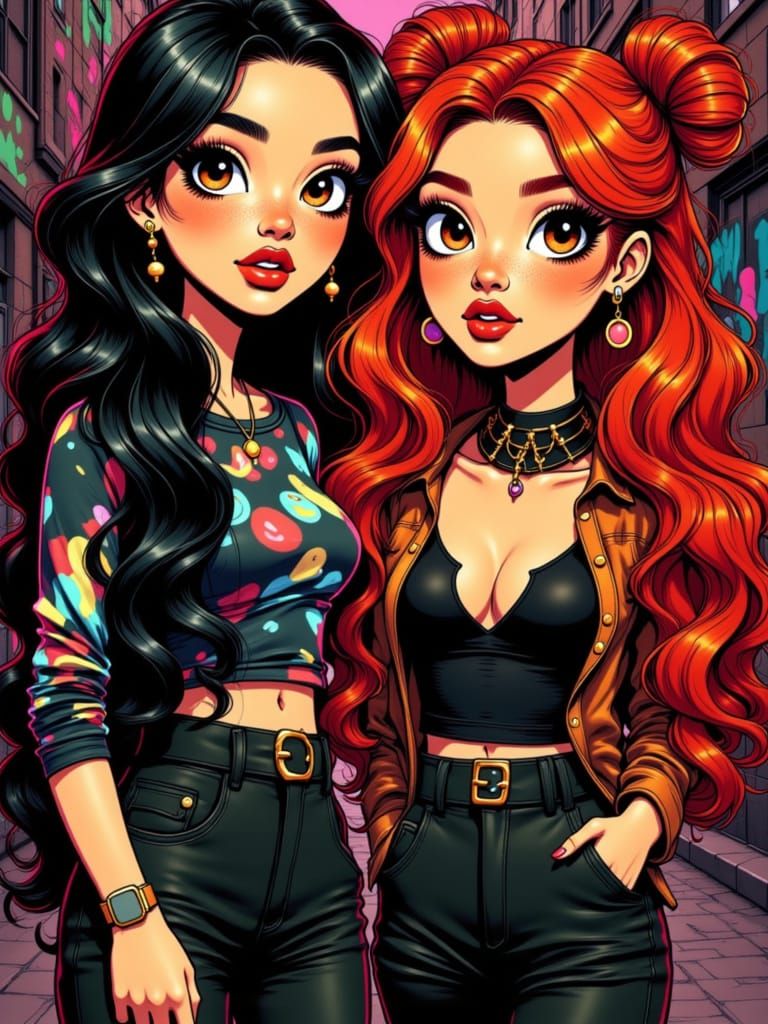 Cartoon Women in Hip-Hop Streetwear in Neon Alley