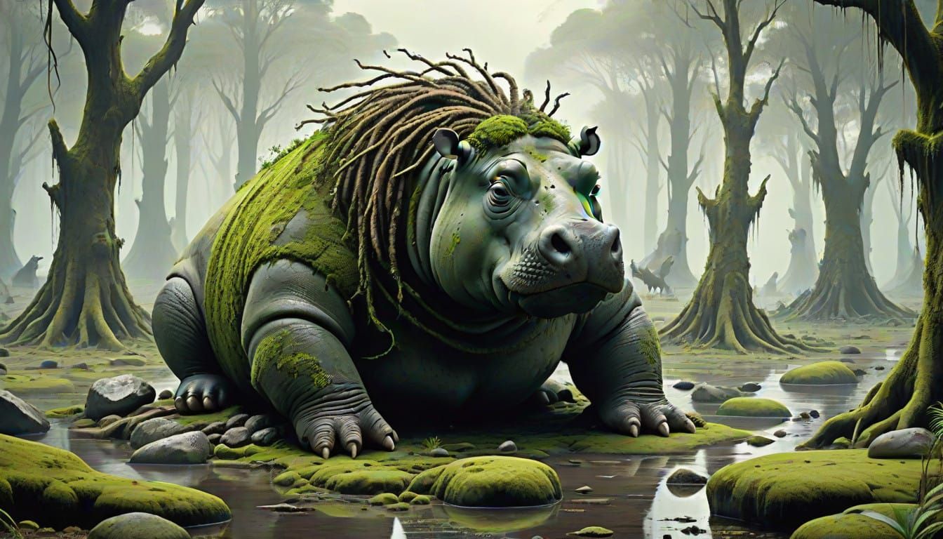 Surreal Hippo in a Mystical Forest Landscape