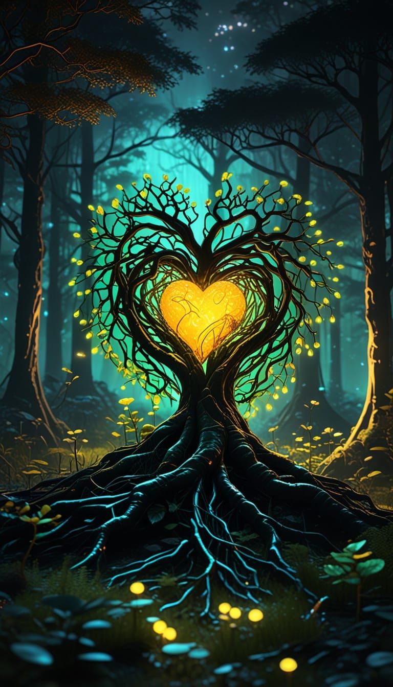 Futuristic Biomechanical Garden Blooms with Glowing Amber He...