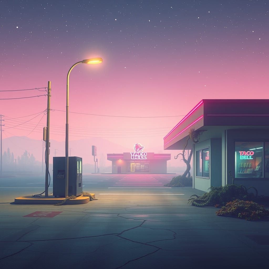 Surreal Gas Station Under Neon Night Sky