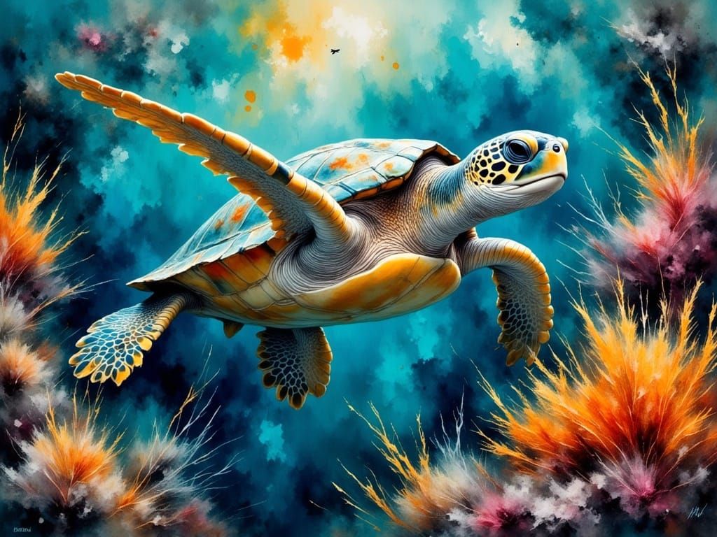Grunge Sea Turtle in Vibrant Coral Reef Landscape