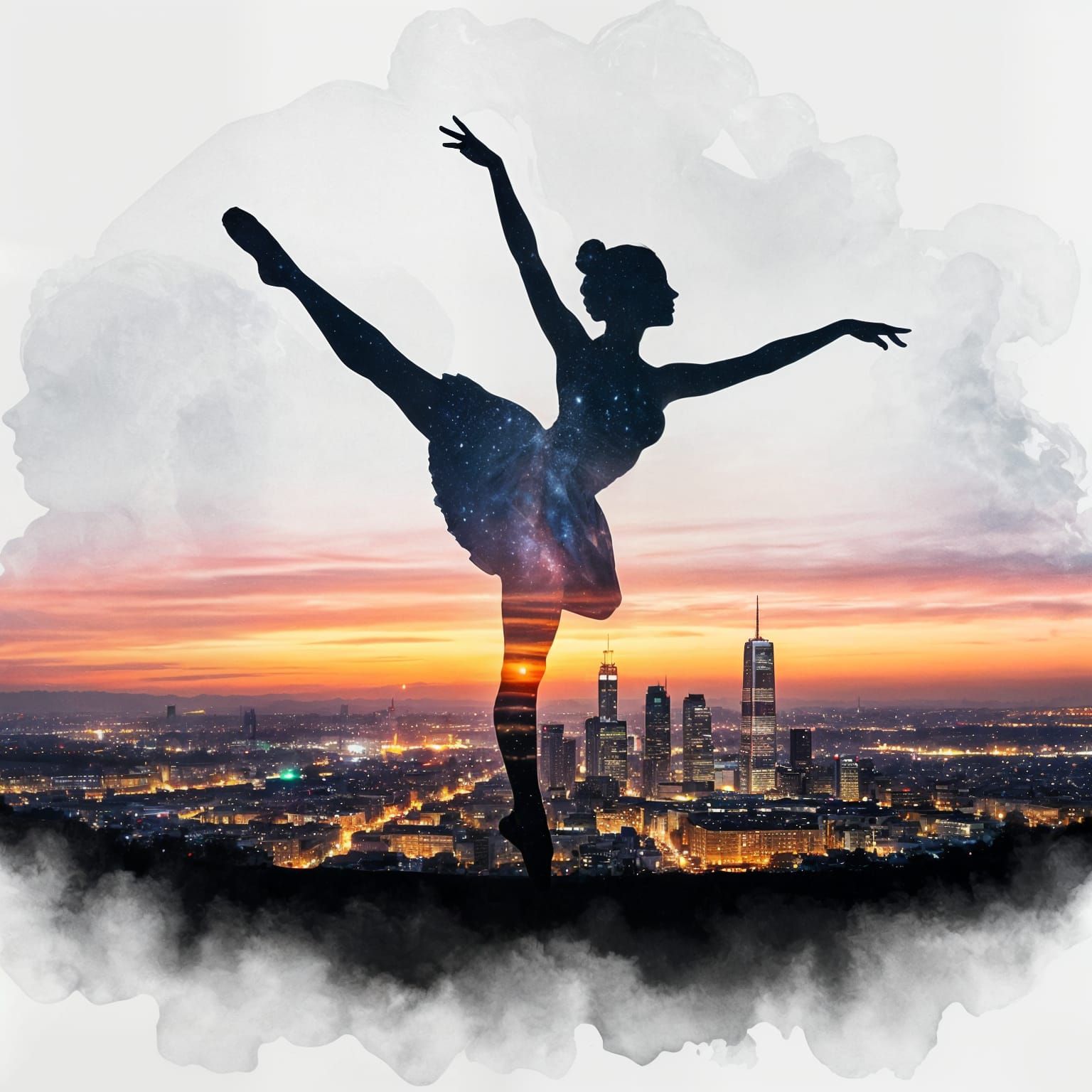 Ballerina Silhouette Against Starry Night and Sunset City