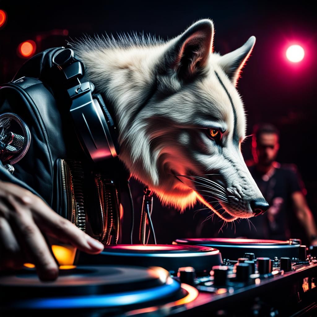 Wolf DJ in Nightclub: Hyperrealistic Image
