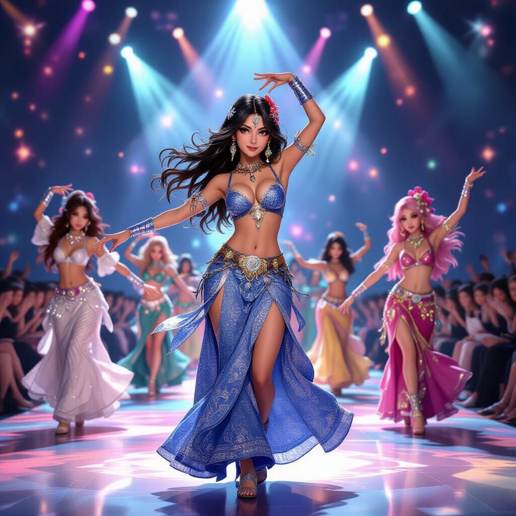 Dynamic Belly Dance Competition Stage in 3D Anime Style