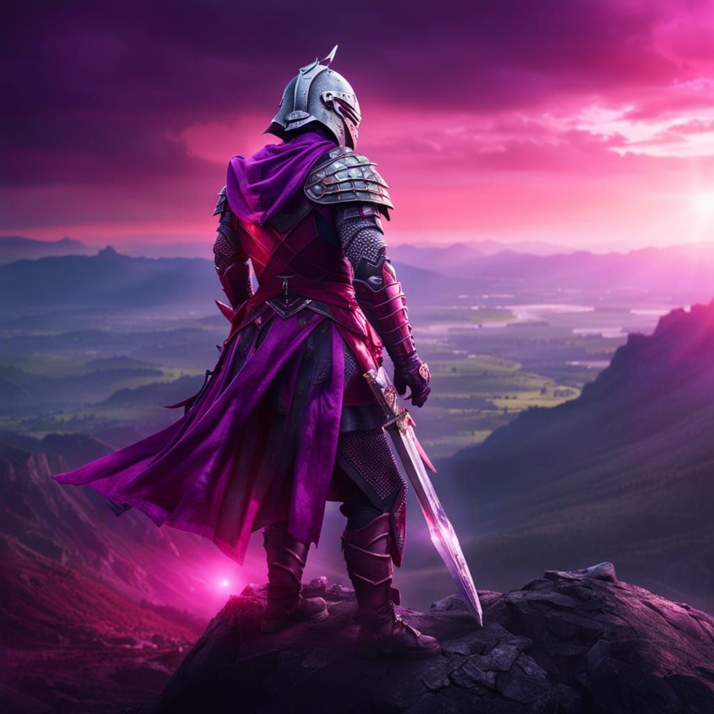 Fantasy Knight Warrior on Mountain Cliff at Sunrise