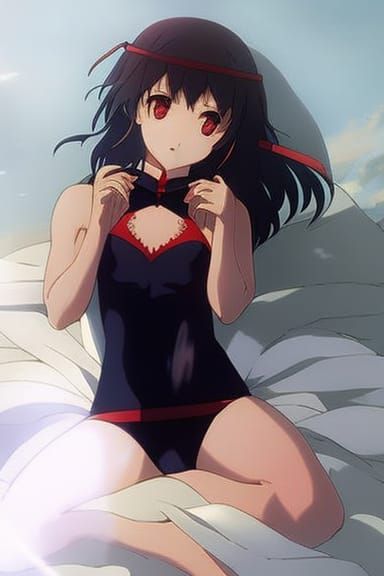 Anime girl kneeling on the bed