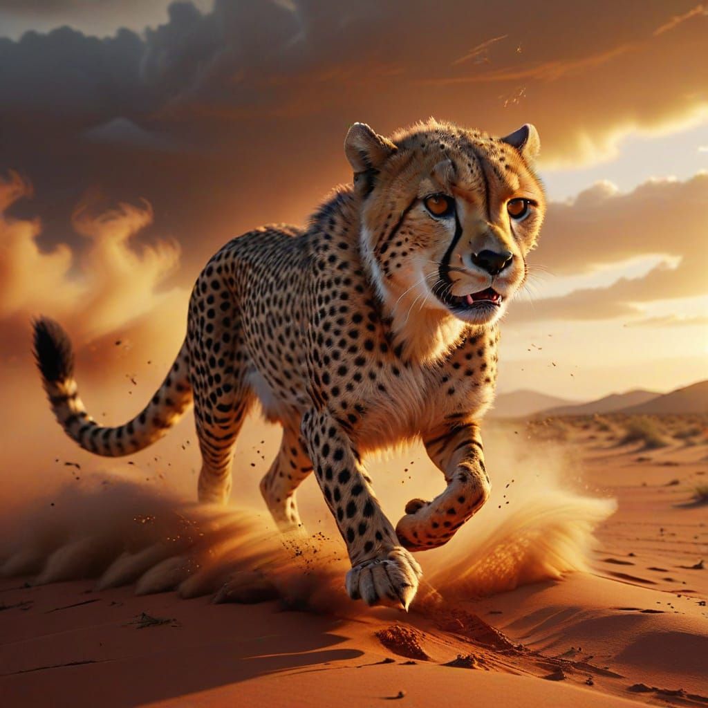Cheetah Sprints Across Fiery Red Dunes