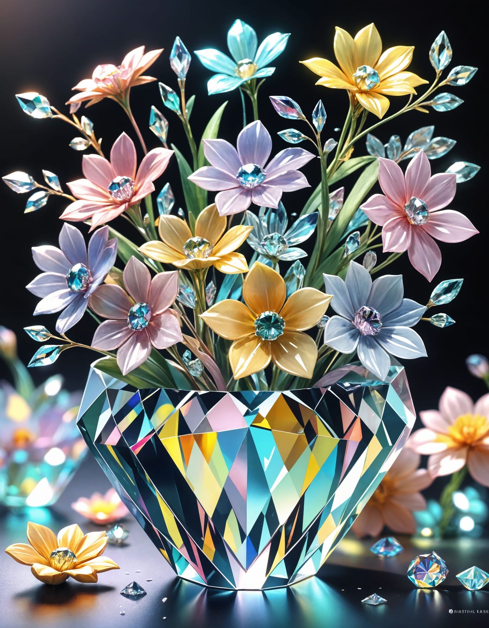 Crystal Flowers in Iridescent Vase: 3D Anime Art