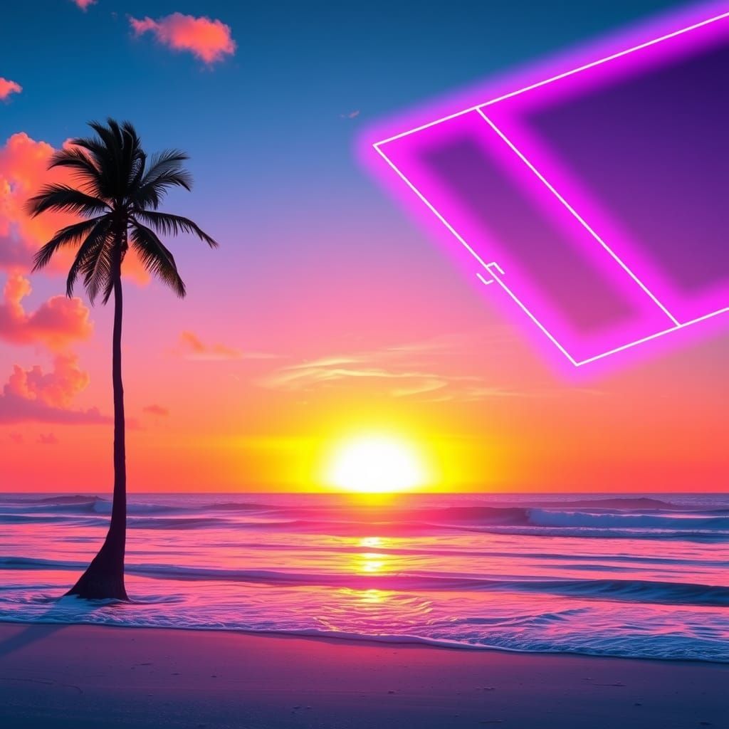 Synthwave Sunset: Palm Tree in Retro-Futuristic Landscape