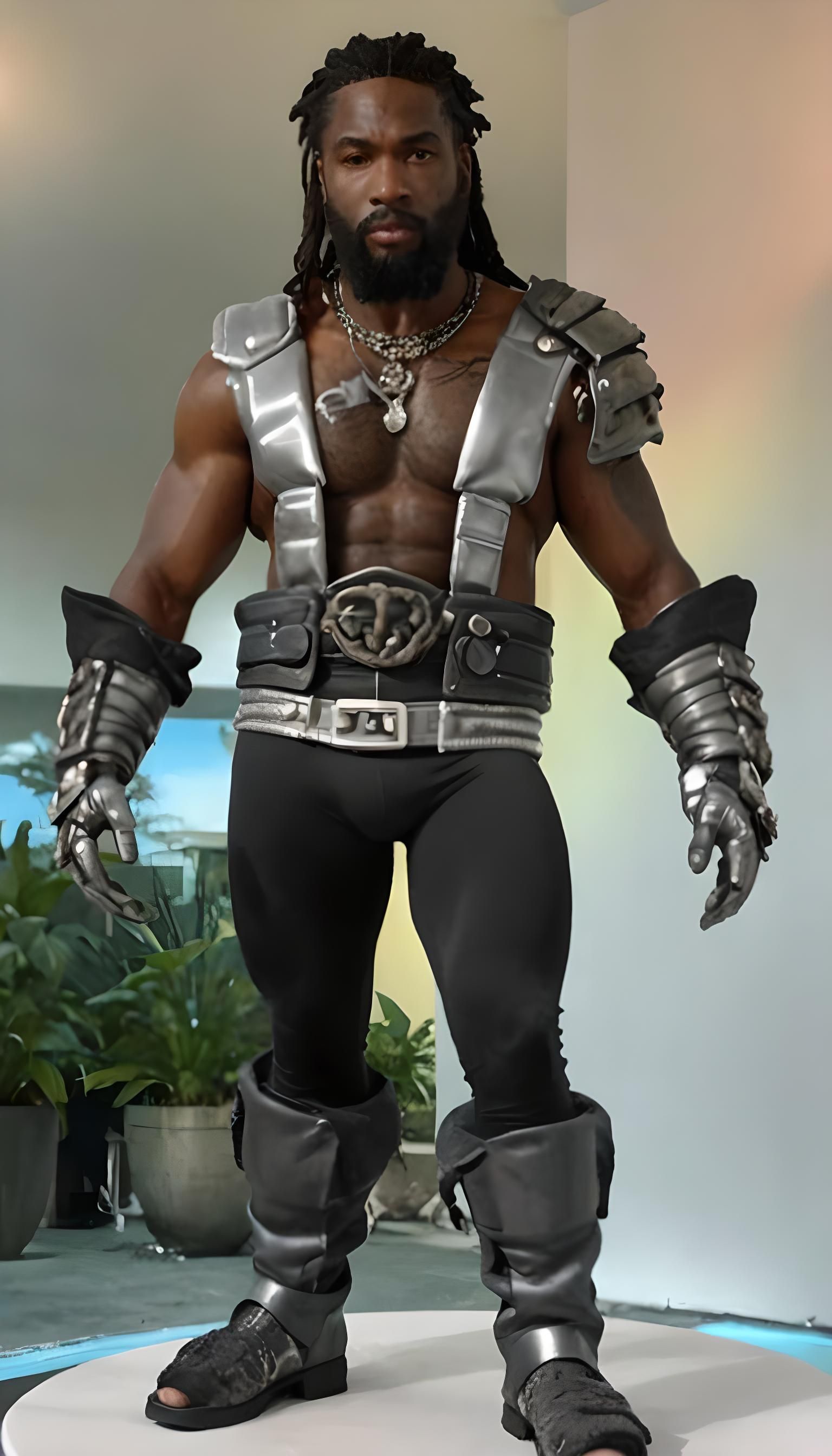 Shirtless Man with Silver Accessories and Dreadlocks