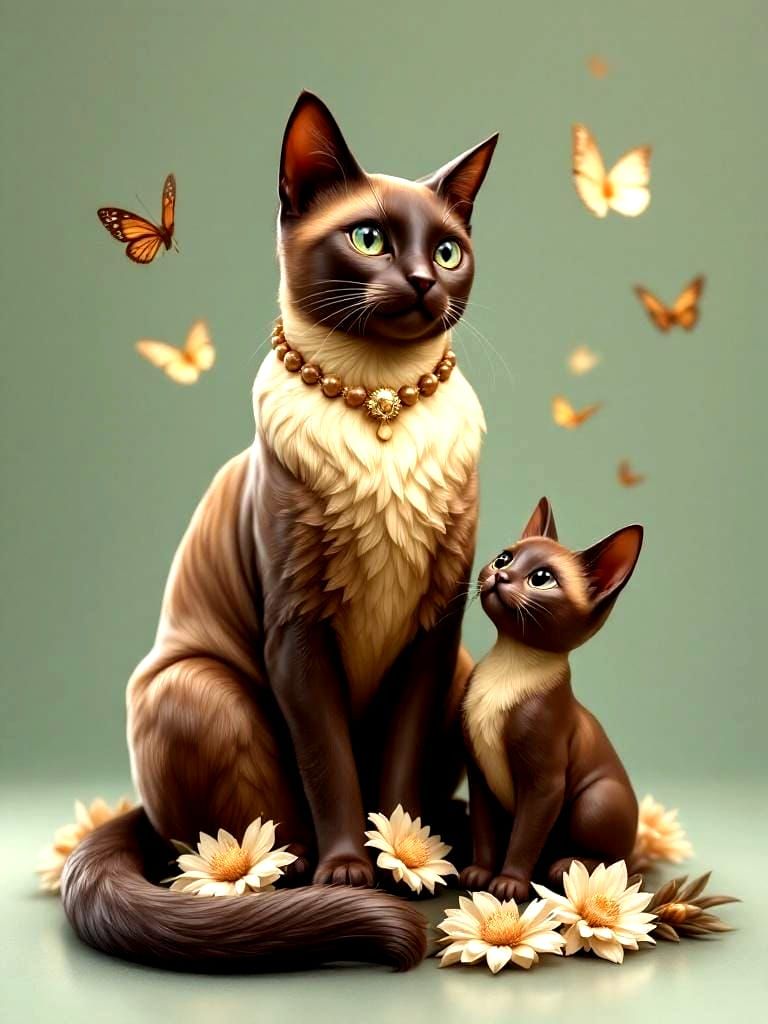 Chocolate Siamese Cat and Kitten Sculpture