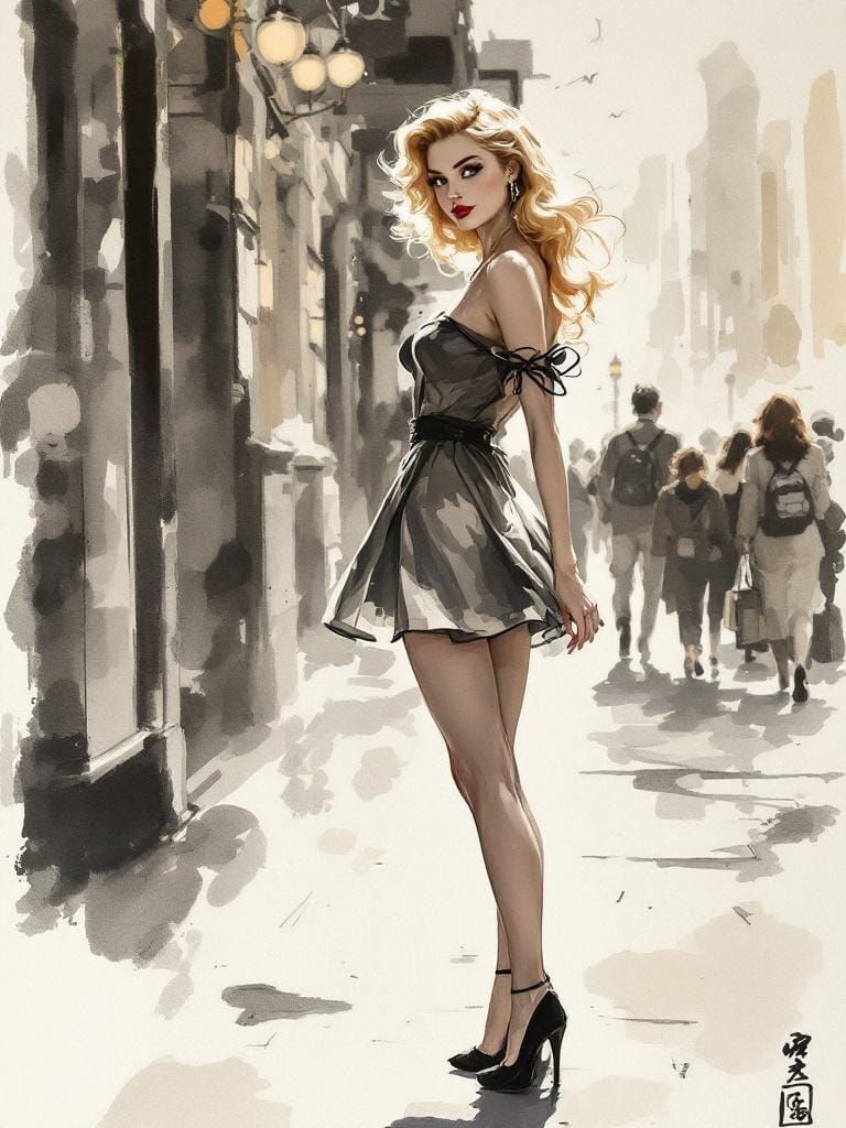 Vintage Pin-Up in Sumi-e Watercolor Style
