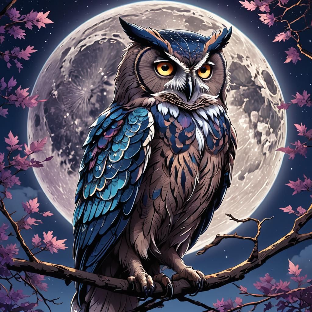 Anime Moon Owl in Front of Full Moon
