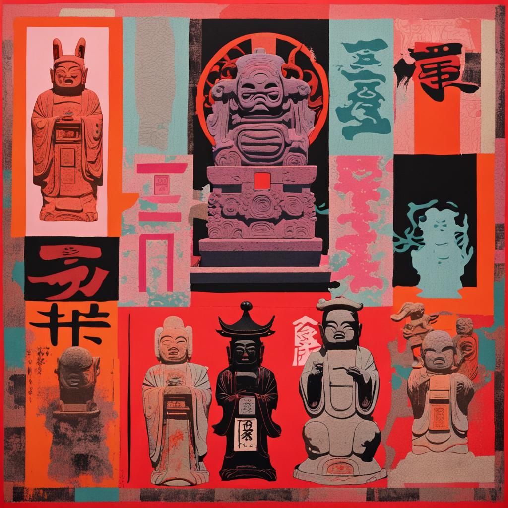 Cursed Shrine Statue Collage in Risograph Style