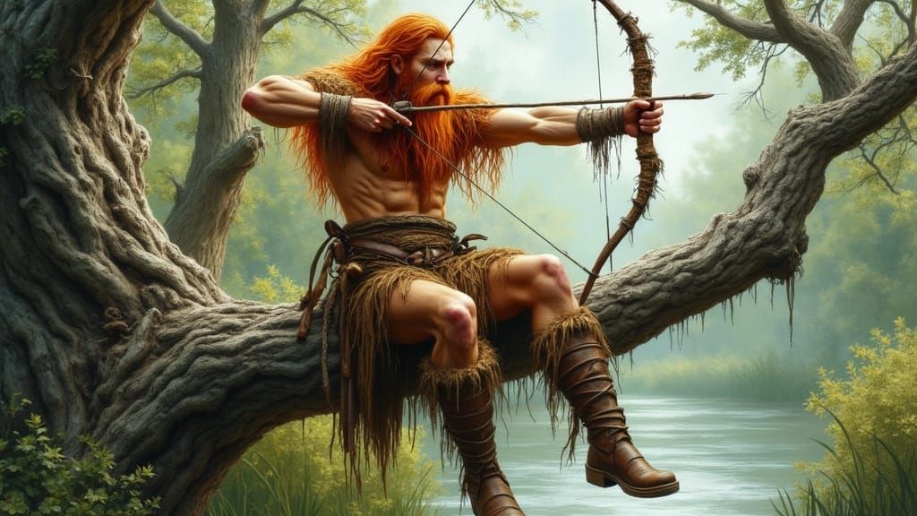 Barbarian Hunter Aims Bow from Gnarled Tree