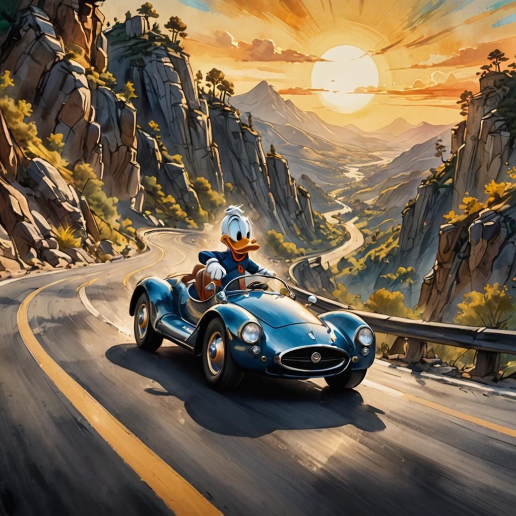 Donald Duck Drives Supercar: Watercolour Impasto Illustratio...
