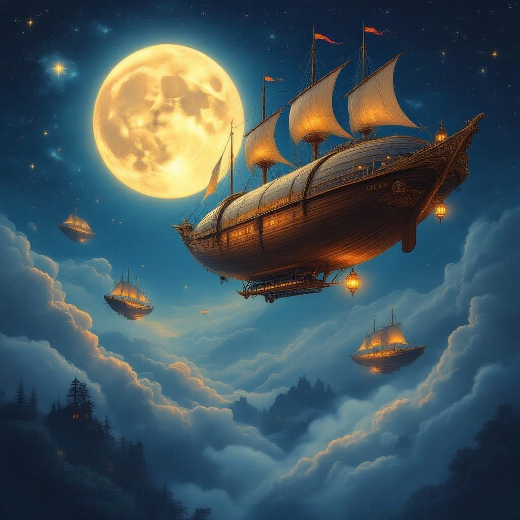 Vintage Whimsical Airships Sail Under Full Moon