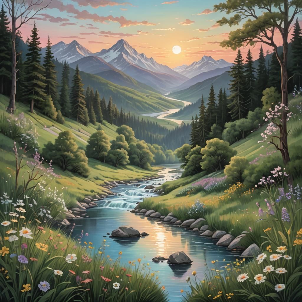 Sun and Moon Coexist in Mountain Twilight: Matte Painting