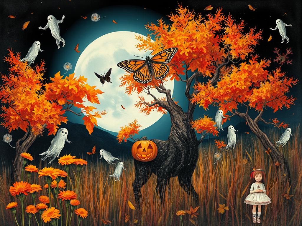 surreal autumn , ghostly Halloween , highly detailed drawing a sugar skull death moth,
black cat, Jack O lanter...