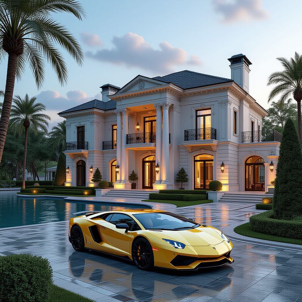 Luxurious Mansion with Lamborghini in Futuristic Style