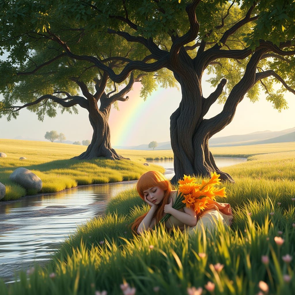 Whimsical Meadow Scene with Sleeping Princess and Rainbow