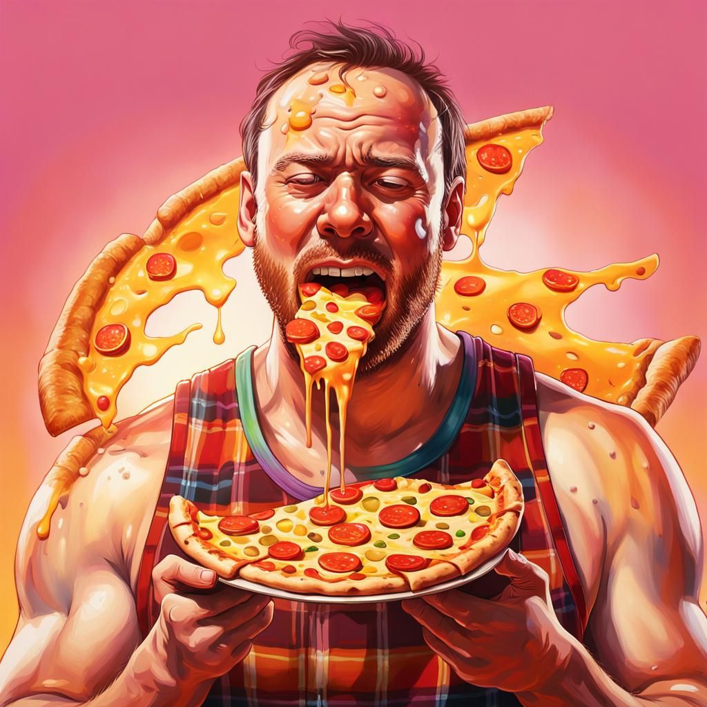 Hyperrealistic Man Eating Pizza with Dripping Cheese