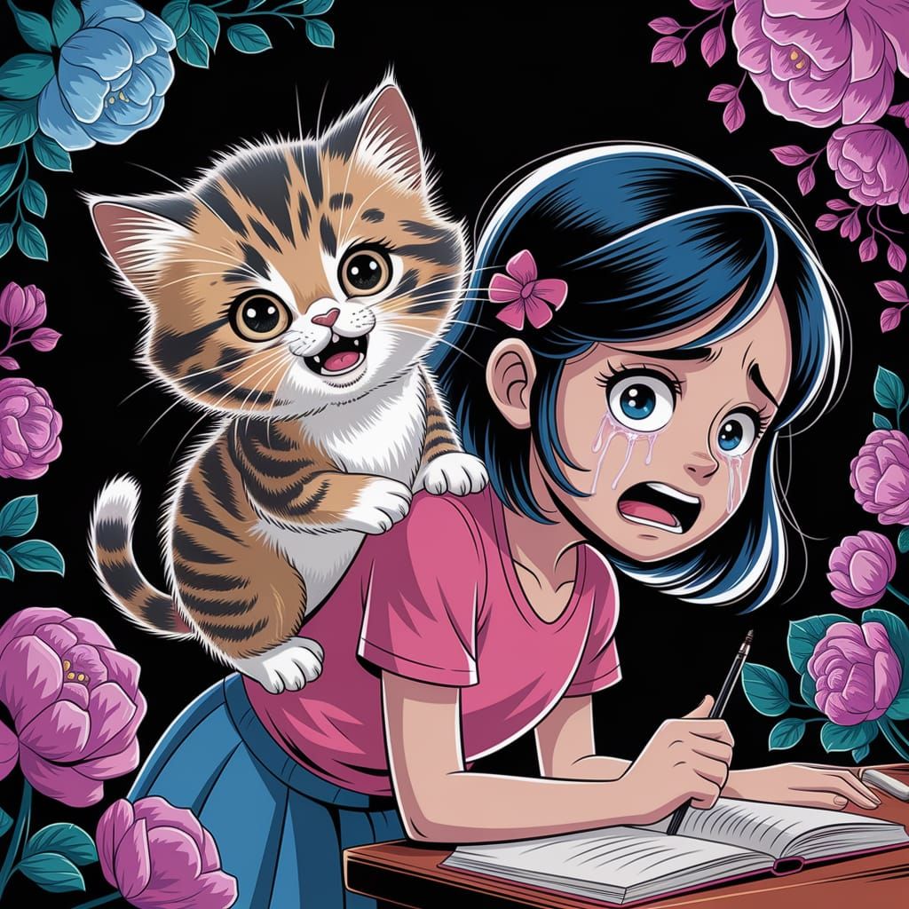 Frightened Girl and Kitten in Anime Style