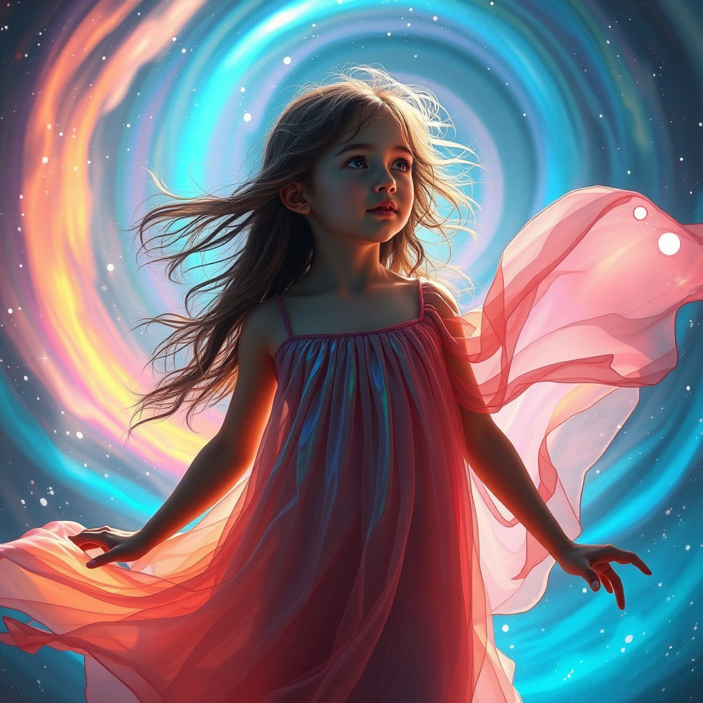 Girl in Iridescent Dress Amidst Starry Colors