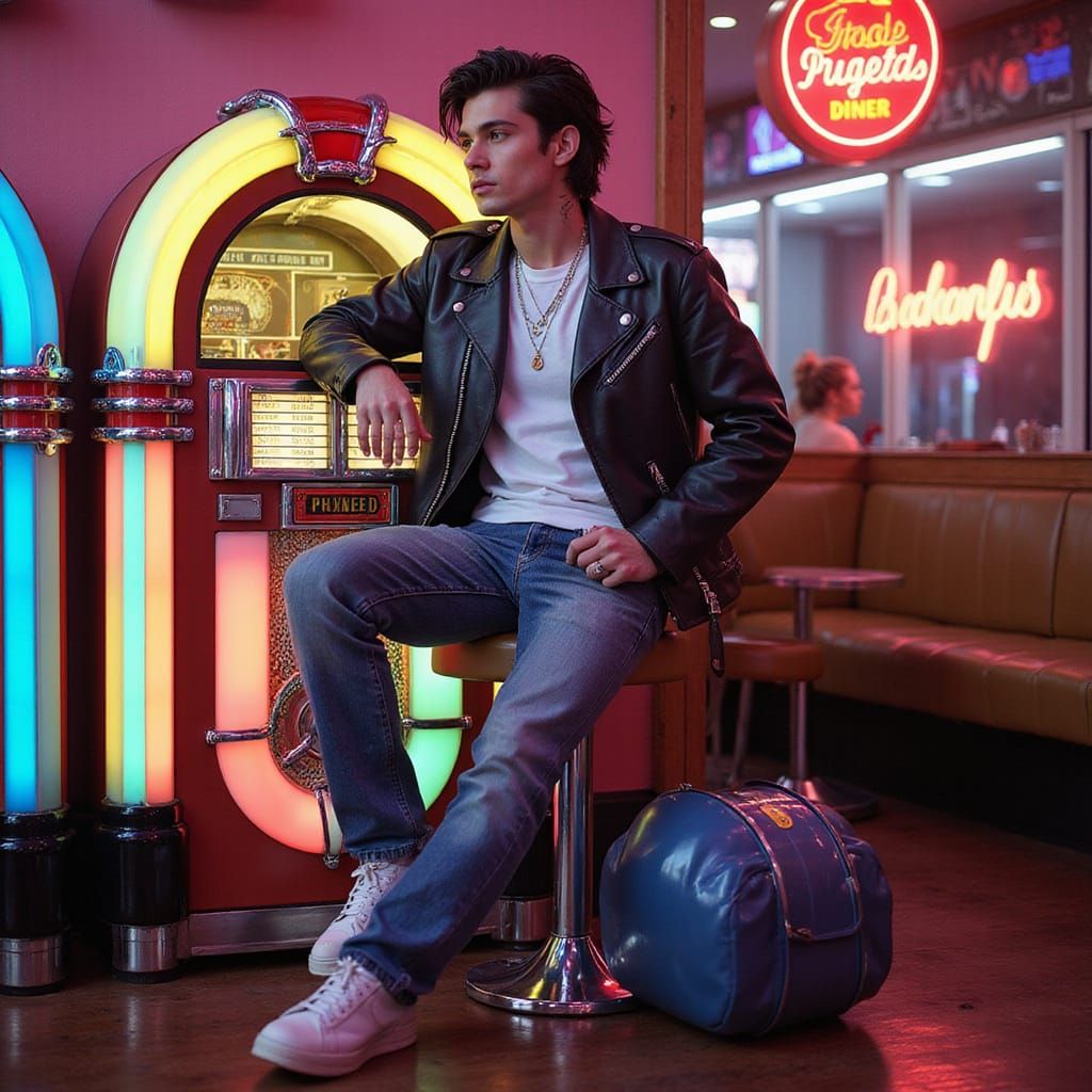 A Greaser in his Black Leather Jacket and Denim Jeans; Rocki...
