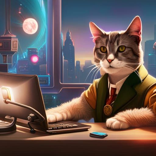 Cyberpunk Cat at Computer in Neon Steampunk Style