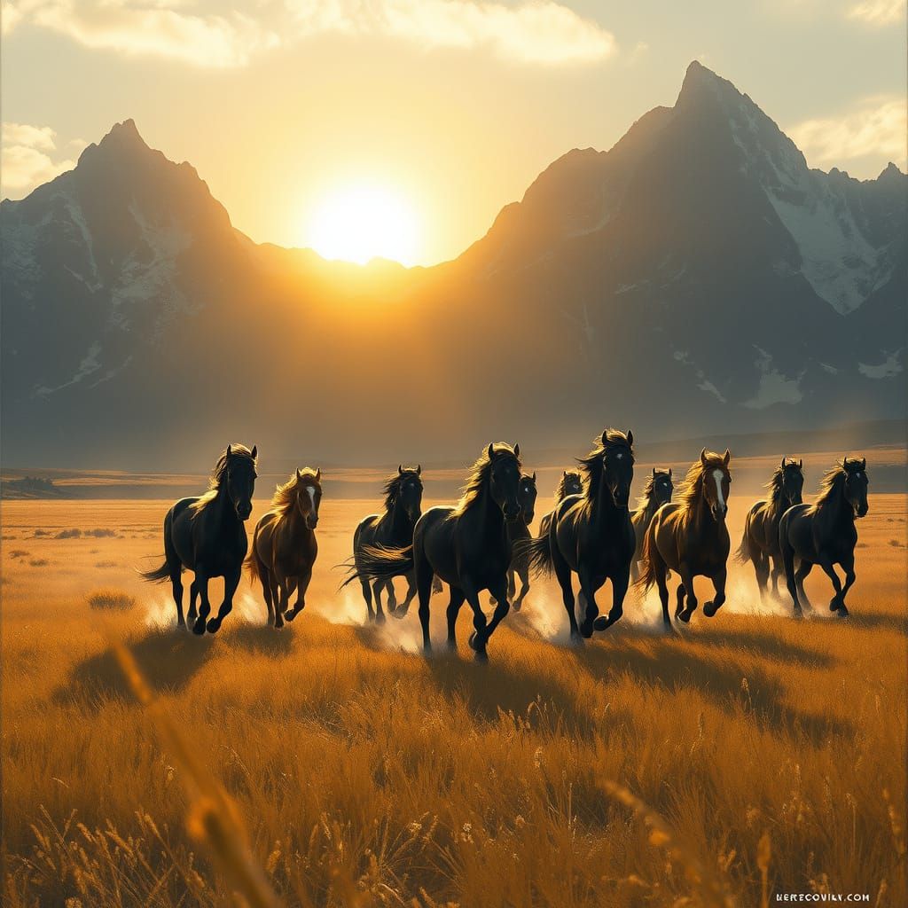 Wild Horses Gallop Across Golden Plain at Sunrise