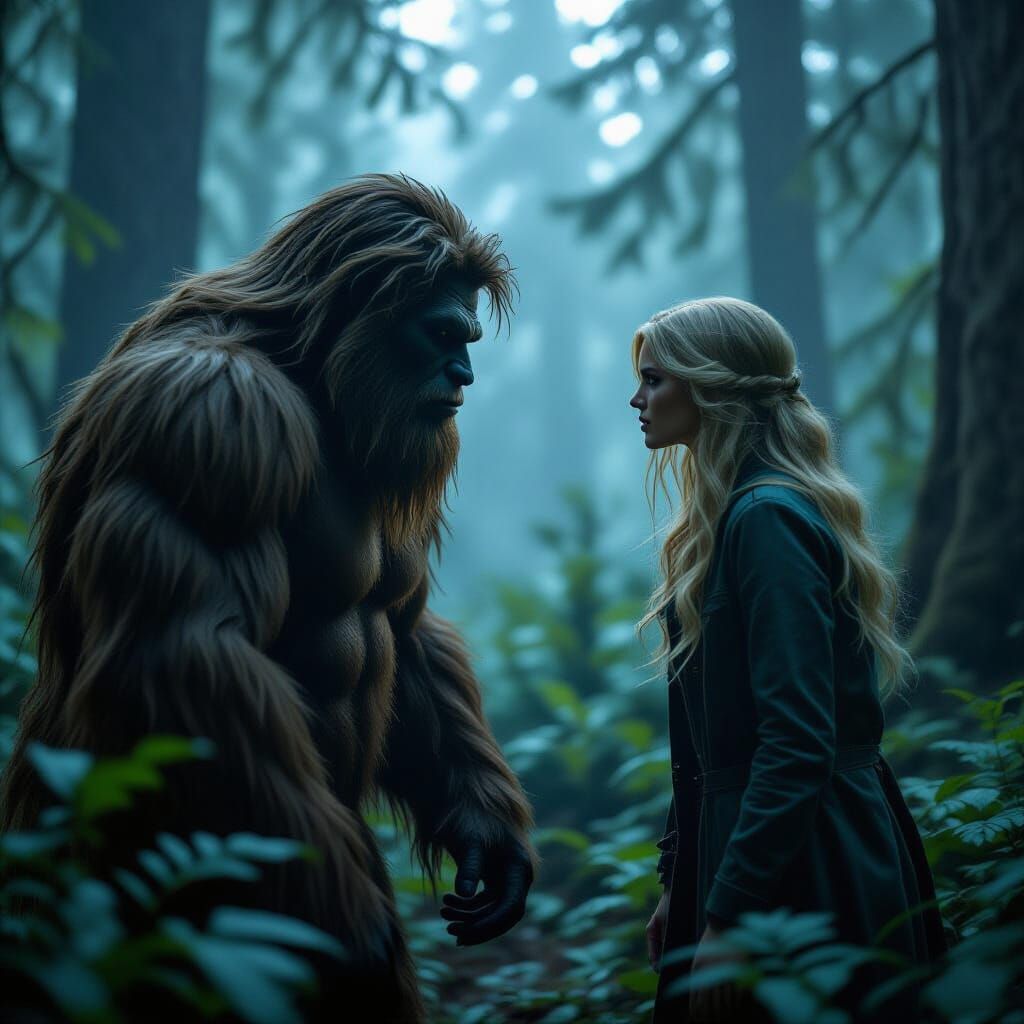 Blonde Woman Confronts Bigfoot in Misty Forest