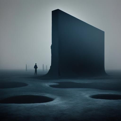 Surreal Faceless Figure in Desolate Landscape