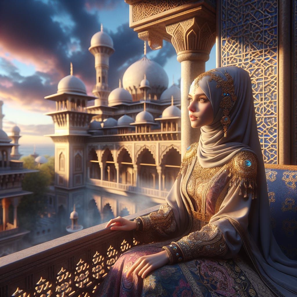 Ethereal Hijabi Goddess Amidst Majestic Islamic Architecture