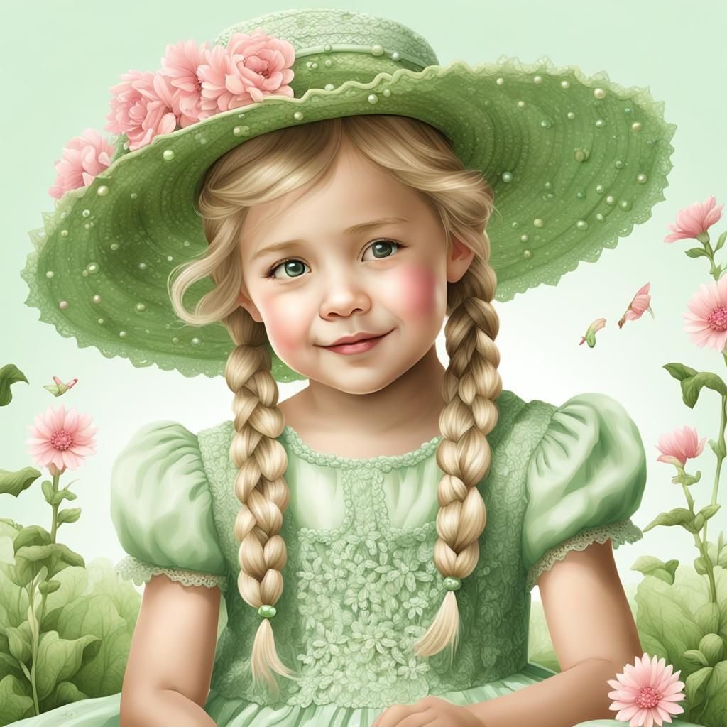 Girl in Green Lace Dress Sitting in Pea Patch