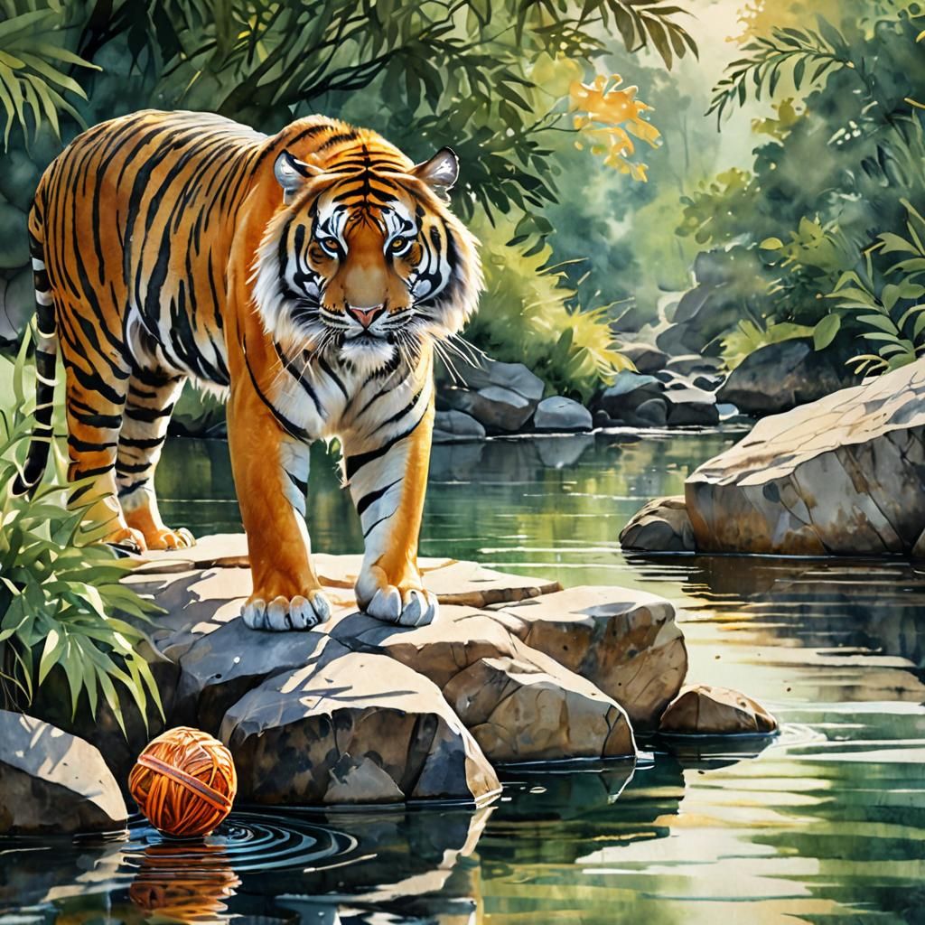 Watercolor Tiger Cub Playing with Yarn Ball