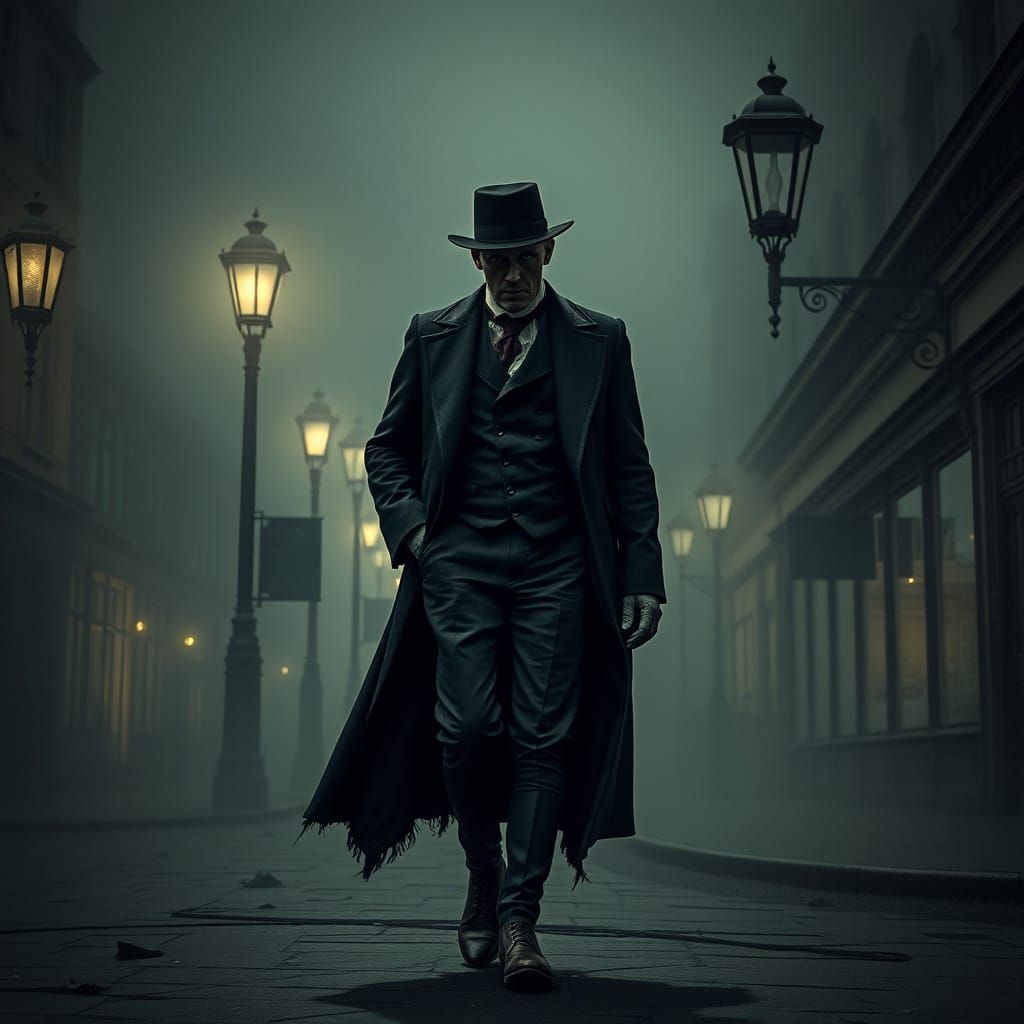 A ghostly apparition of a Victorian gentleman, clad in spectral robes, drifts through the fog-laden streets of 1860s Lon...