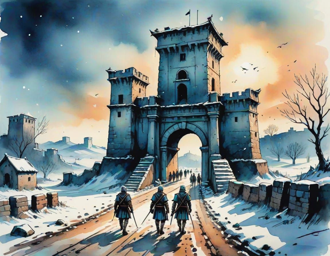 Roman Empire's Winter Frontier Gate in Dark Fantasy Style
