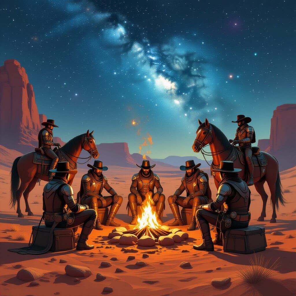 Steampunk Cowboys on Mars Around Holographic Campfire