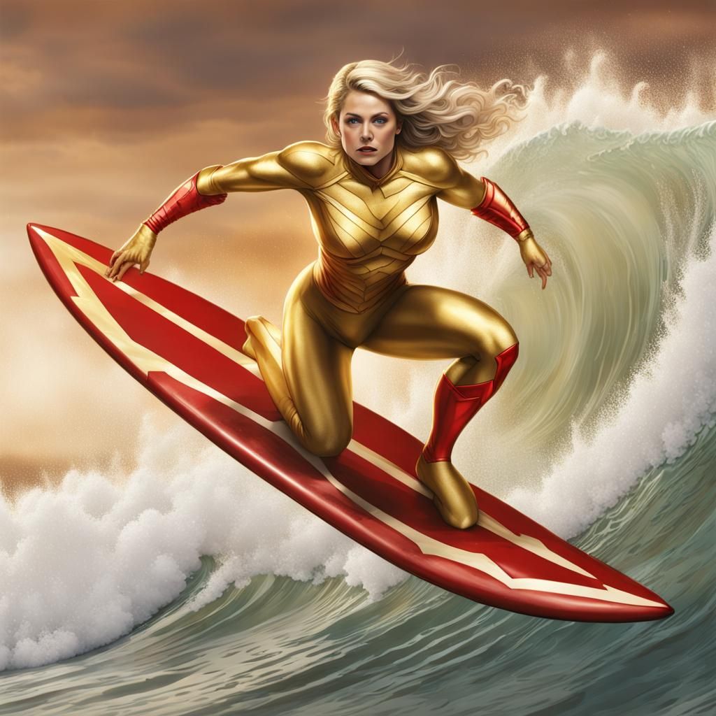 Photo realistic::1.5 A female superhero wears a form fitting golden costume with red accents  and a cape, she is riding ...