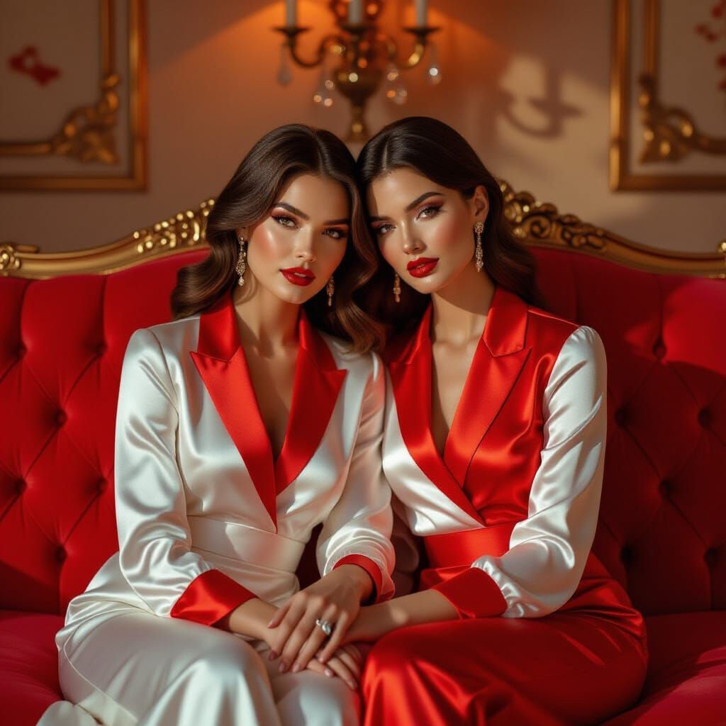 Couple in Satin Outfits on Red Couch